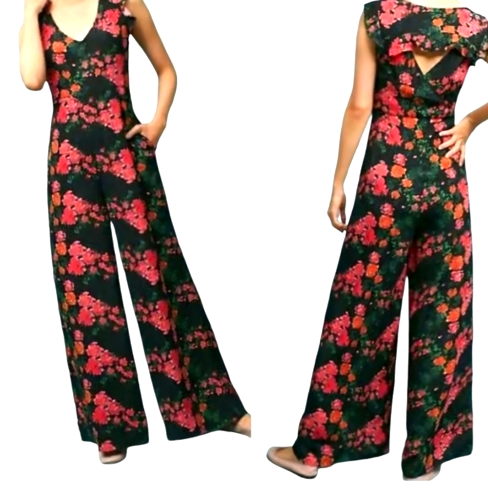 Plenty By Tracy Reese Women Red Black Watercolor Floral Jumpsuit Size M